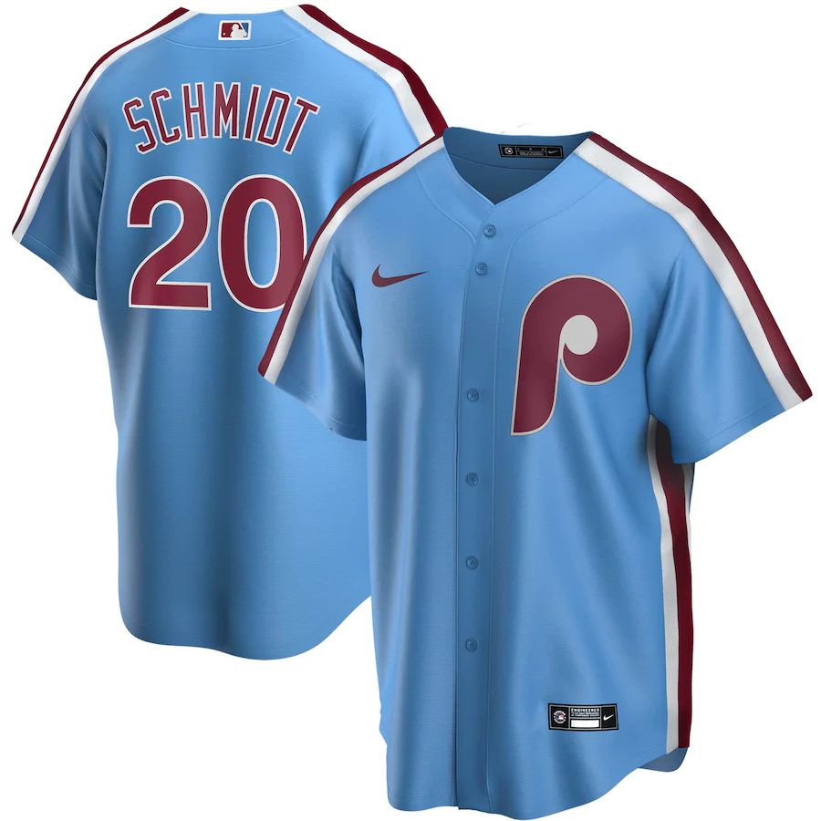 Mens Philadelphia Phillies #20 Mike Schmidt Nike Light Blue Road Cooperstown Collection Replica Player MLB Jerseys